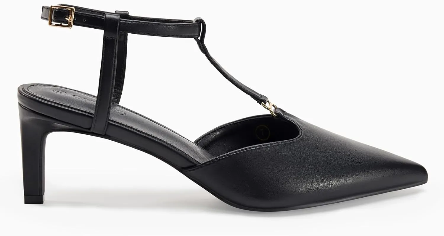 Coutgo Womens Kitten Heels T Strap Closed Pointed Toe Pumps Low Heel Ankle Strap Comfortable Dress Shoes