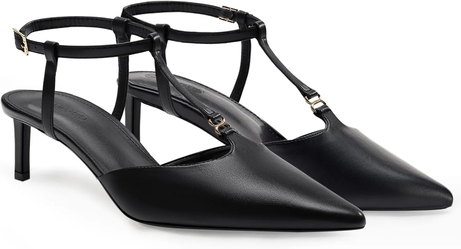 Coutgo Womens Kitten Heels T Strap Closed Pointed Toe Pumps Low Heel Ankle Strap Comfortable Dress Shoes