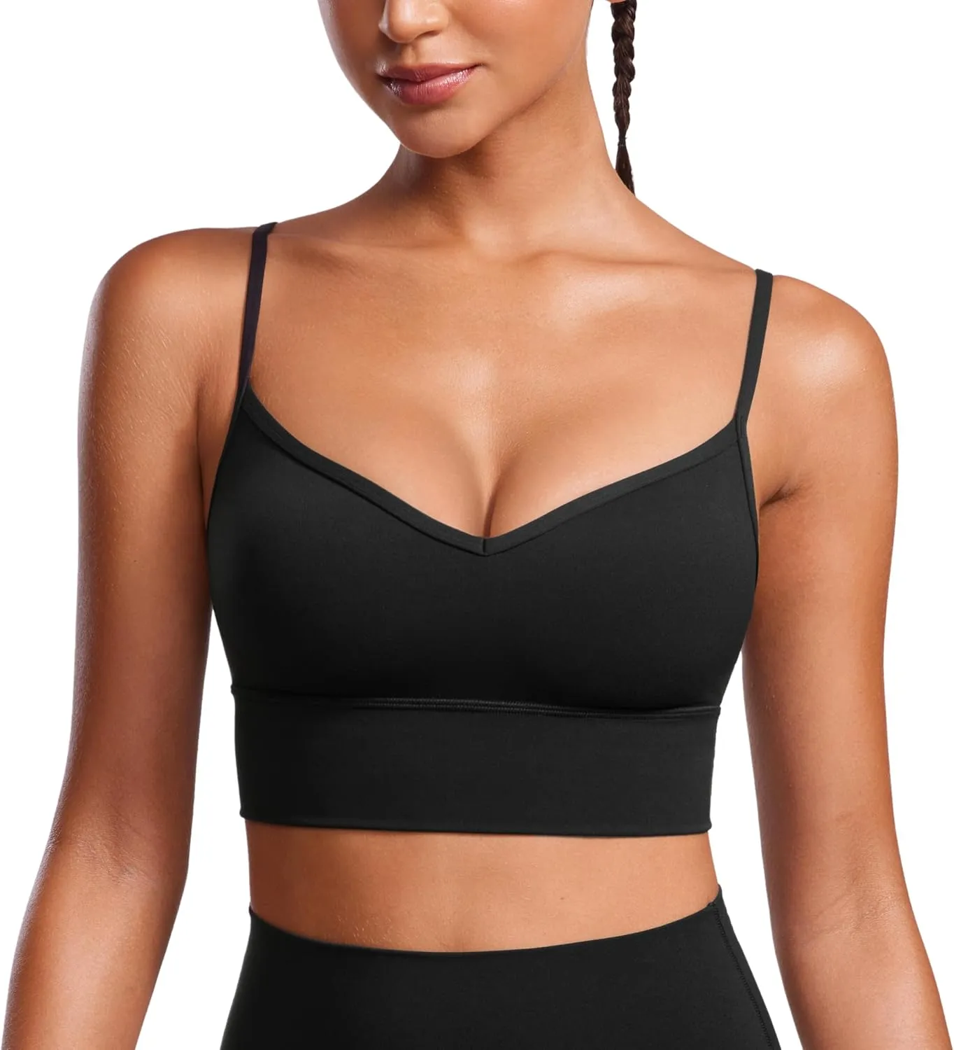 CRZ YOGA Womens Butterluxe Sweetheart Longline Sports Bra - V Neck Adjustable Thin Strap Yoga Camisole Padded Crop Top