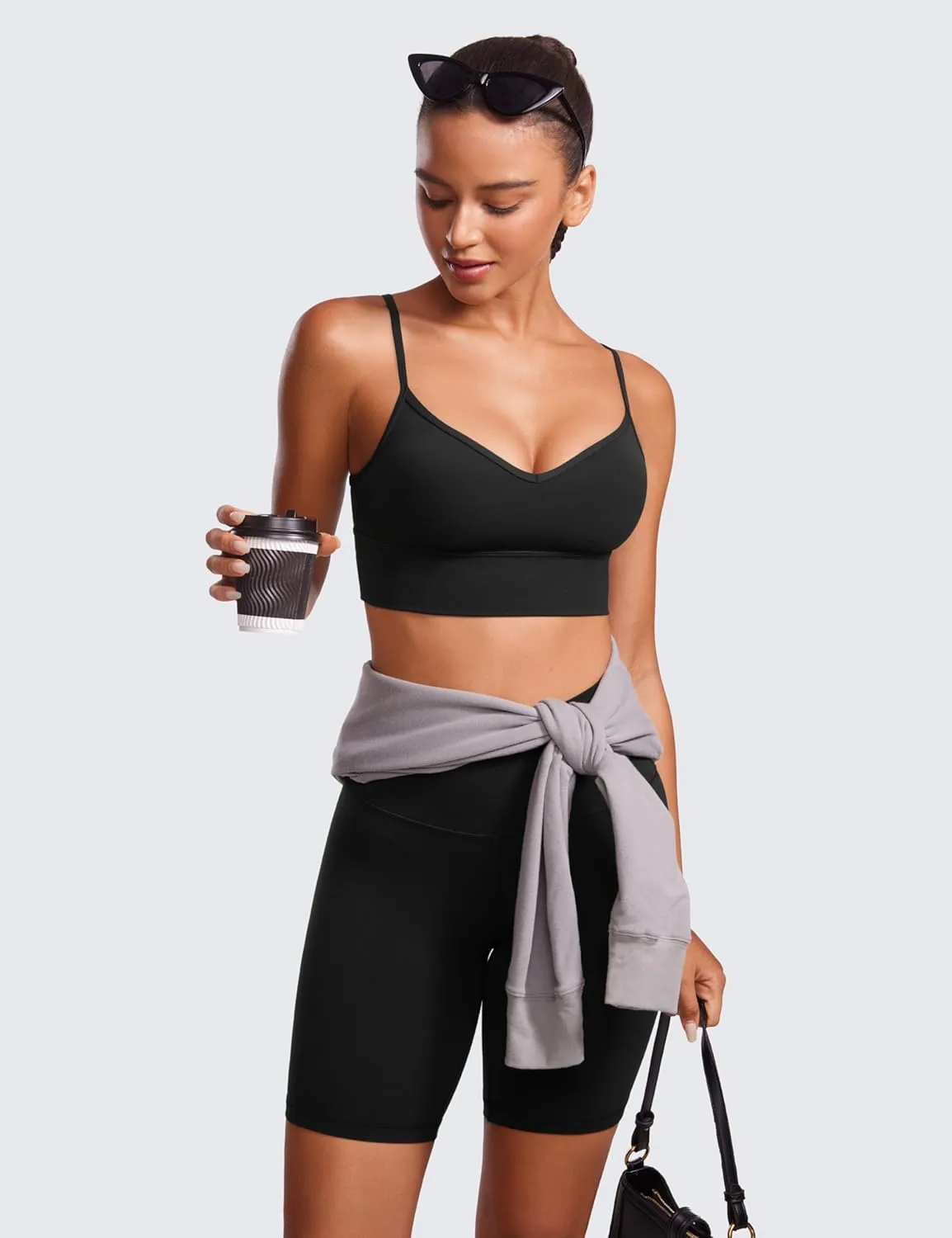 CRZ YOGA Womens Butterluxe Sweetheart Longline Sports Bra - V Neck Adjustable Thin Strap Yoga Camisole Padded Crop Top
