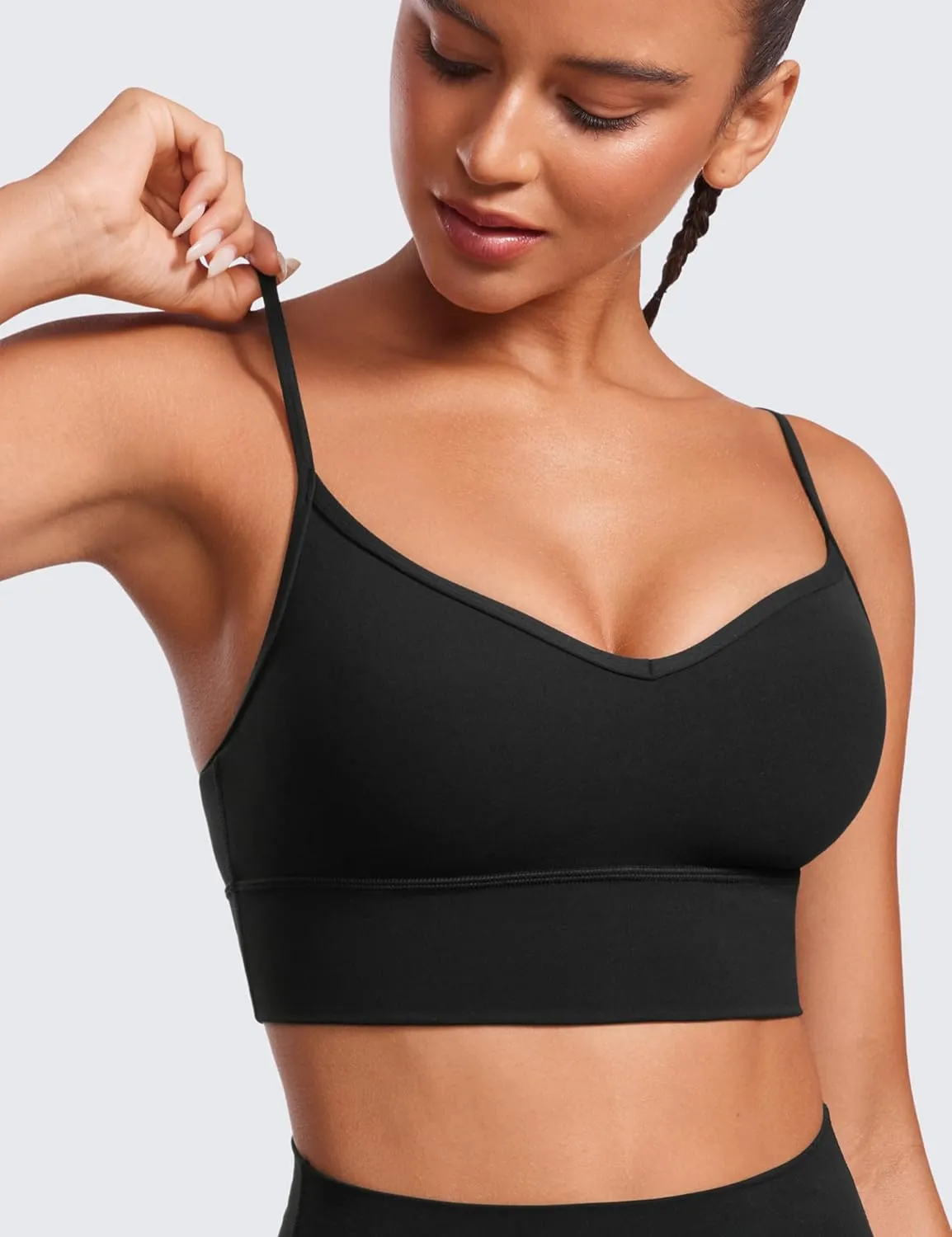 CRZ YOGA Womens Butterluxe Sweetheart Longline Sports Bra - V Neck Adjustable Thin Strap Yoga Camisole Padded Crop Top