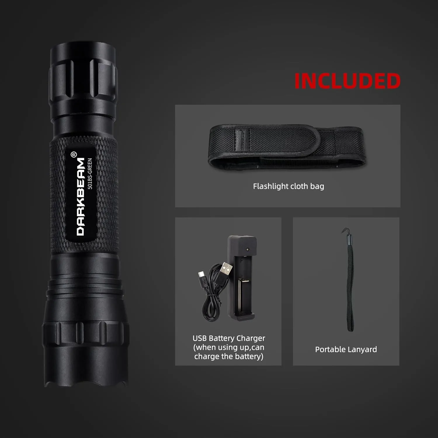 DARKBEAM Green Light Flashlight Tactical LED Rechargeable, Zoomable Portable Handheld Green-Light for Fishing Hunting Detector Astrophotography