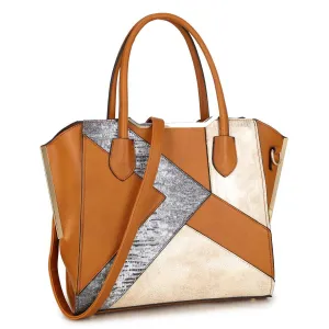 Dasein Leather Satchel with Semi Metallic Patch and Gold Tone Accents