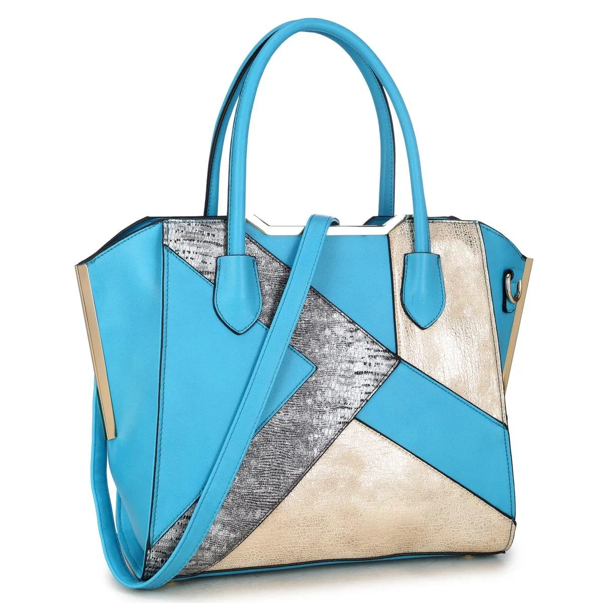 Dasein Leather Satchel with Semi Metallic Patch and Gold Tone Accents