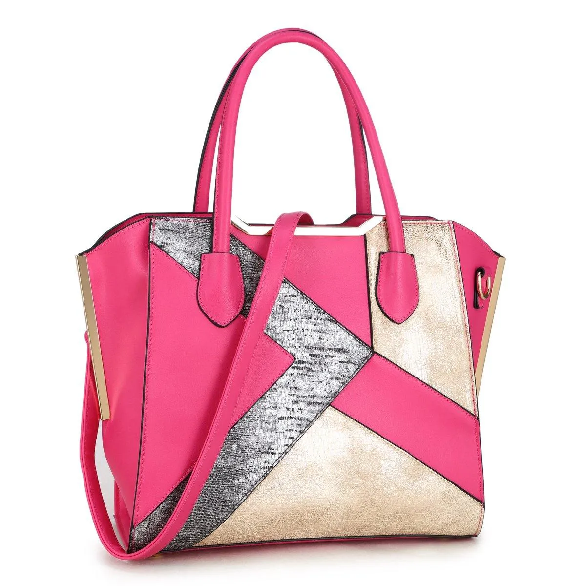 Dasein Leather Satchel with Semi Metallic Patch and Gold Tone Accents