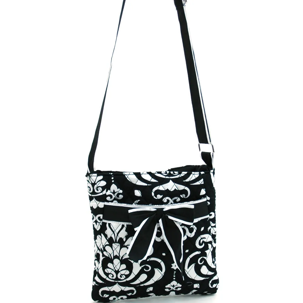 Dasein Quilted Cotton Messenger Bag Cross Body Bag with Front Bow