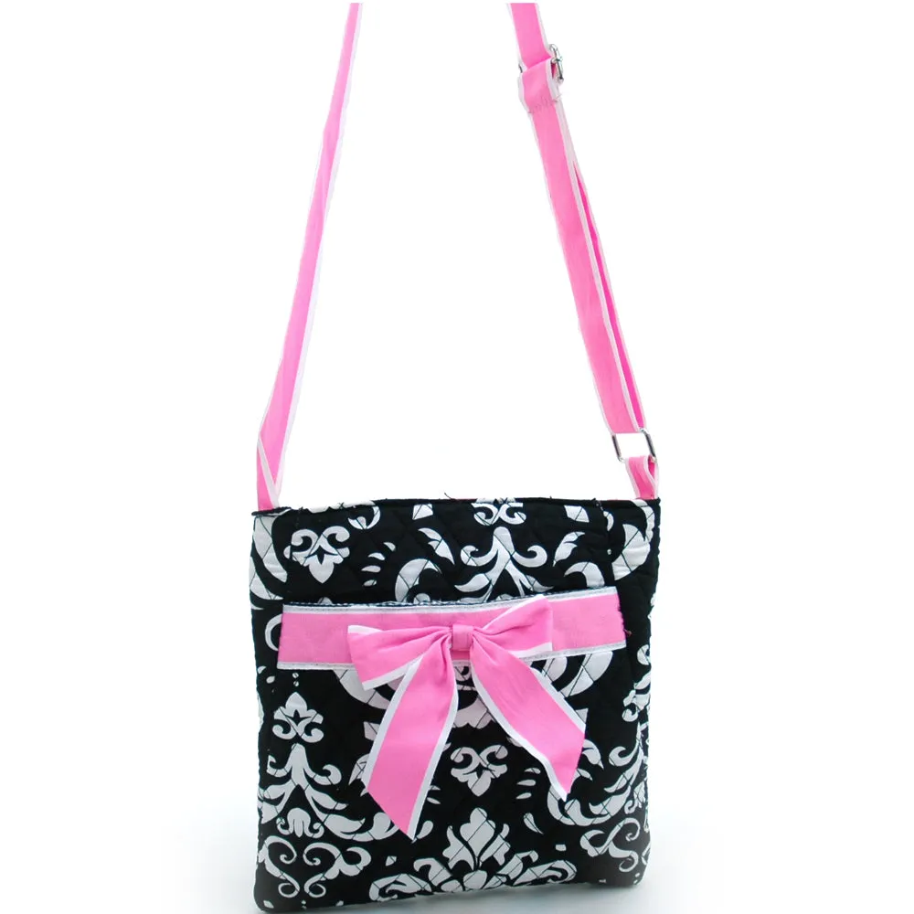 Dasein Quilted Cotton Messenger Bag Cross Body Bag with Front Bow