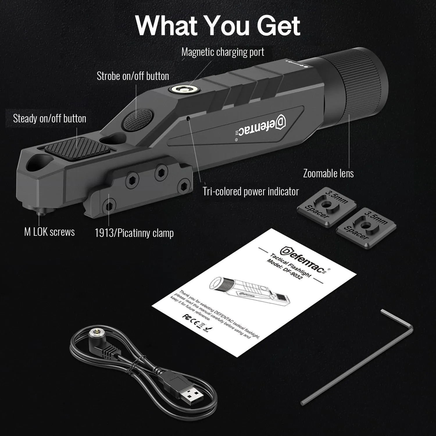DEFENTAC 1750lm Zoomable Tactical Flashlight with Momentary Strobe for Rifle, Weapon Light with Built-in Pressure Switch Compatible with M-Lok/Picatinny, Magnetic Rechargeable