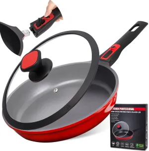DIIG Nonstick Frying Pan Skillet with Silicone Lid, 10 Inch Saute Pan Omelet Sauce Red Cookware, Oven Safe Chef Pans for Cooking with Detachable Handle, Induction Gas All Stoves Compatible