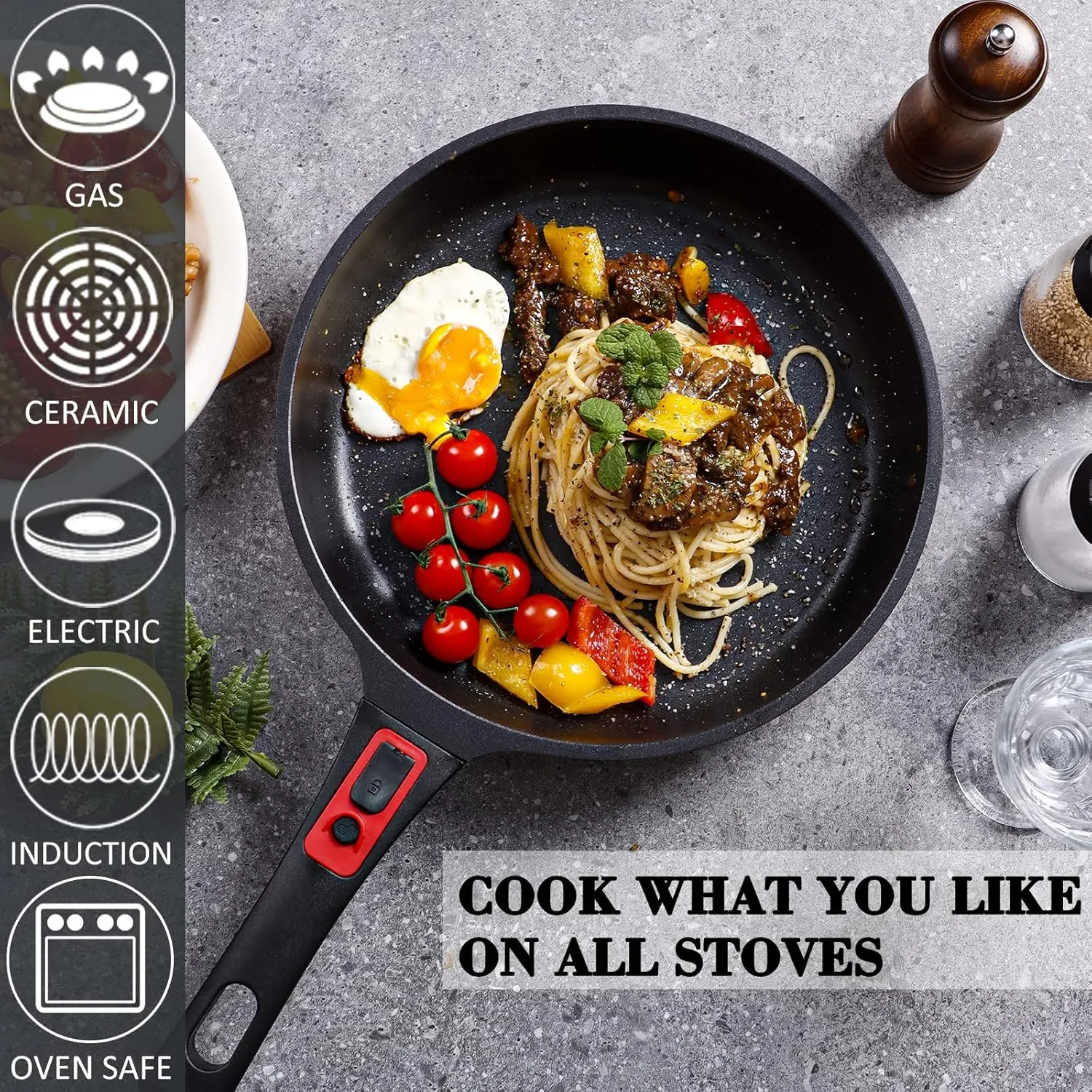 DIIG Nonstick Frying Pan Skillet with Silicone Lid, 10 Inch Saute Pan Omelet Sauce Red Cookware, Oven Safe Chef Pans for Cooking with Detachable Handle, Induction Gas All Stoves Compatible
