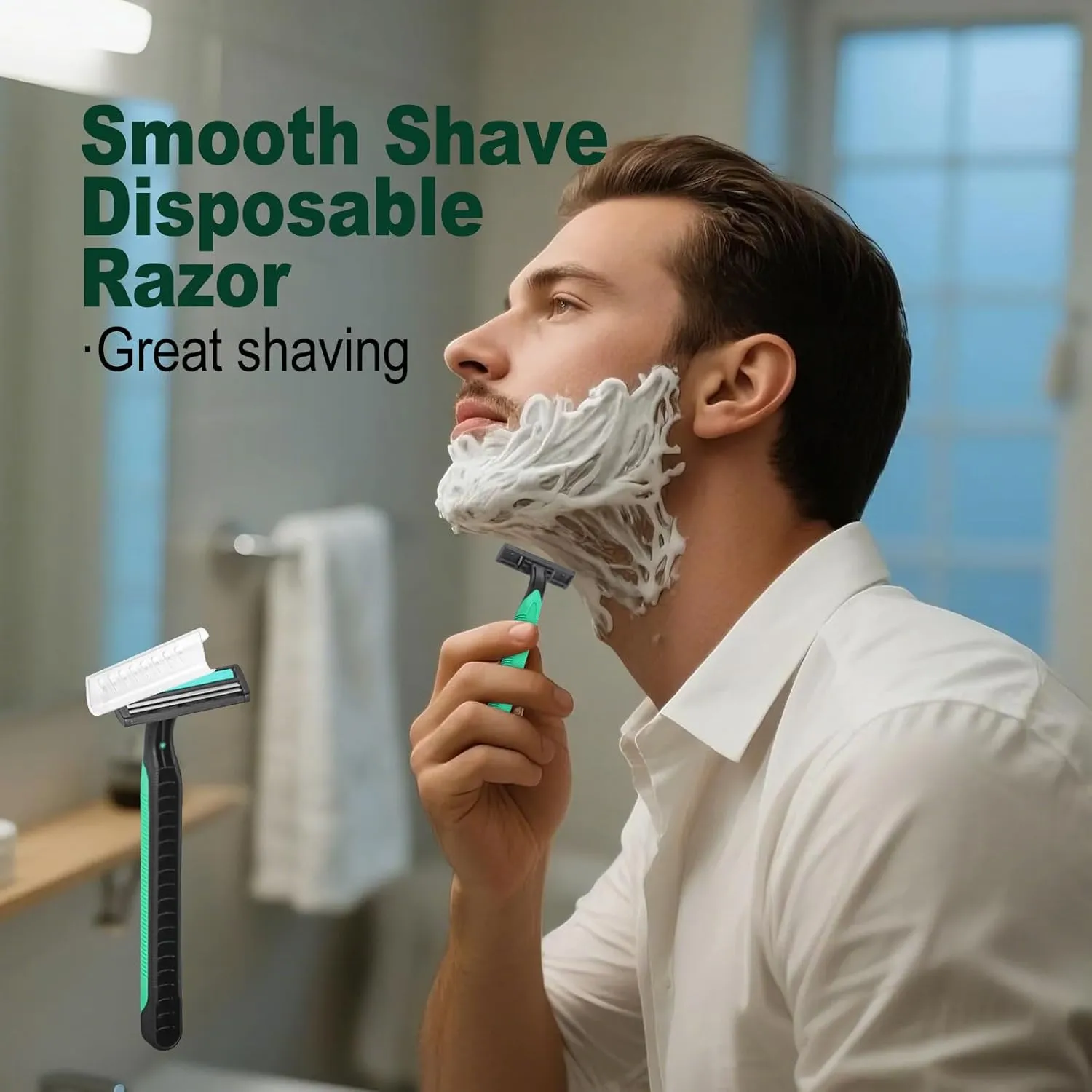Disposable Twin Blade Razors in Bulk, Individually Wrapped - Clear Safety Cap, For Homeless, Hotel, Airbnb, Travel (pack of 100,green)