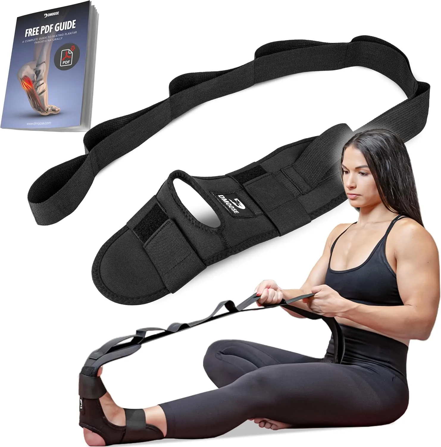 DMoose Fitness Foot & Calf Stretcher with Adjustable Padded Stretching Strap for Plantar Fasciitis, Hamstring, Heel Spurs and Achilles Tendonitis Relief - Yoga Leg Stretch Strap Velcro for Flexibility