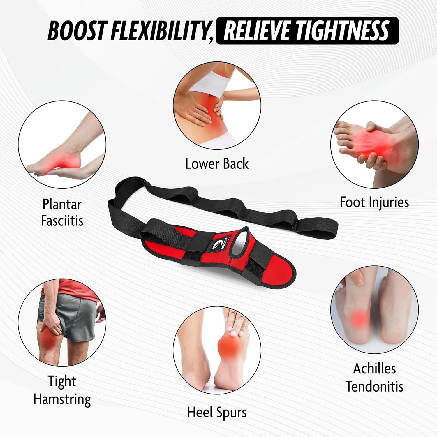 DMoose Fitness Foot & Calf Stretcher with Adjustable Padded Stretching Strap for Plantar Fasciitis, Hamstring, Heel Spurs and Achilles Tendonitis Relief - Yoga Leg Stretch Strap Velcro for Flexibility