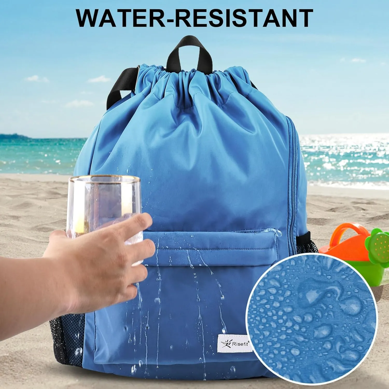 Drawstring Backpack with Mesh Pockets String Gym Bag Sackpack Sandproof Water Resistant Beach Backpack for Men Women