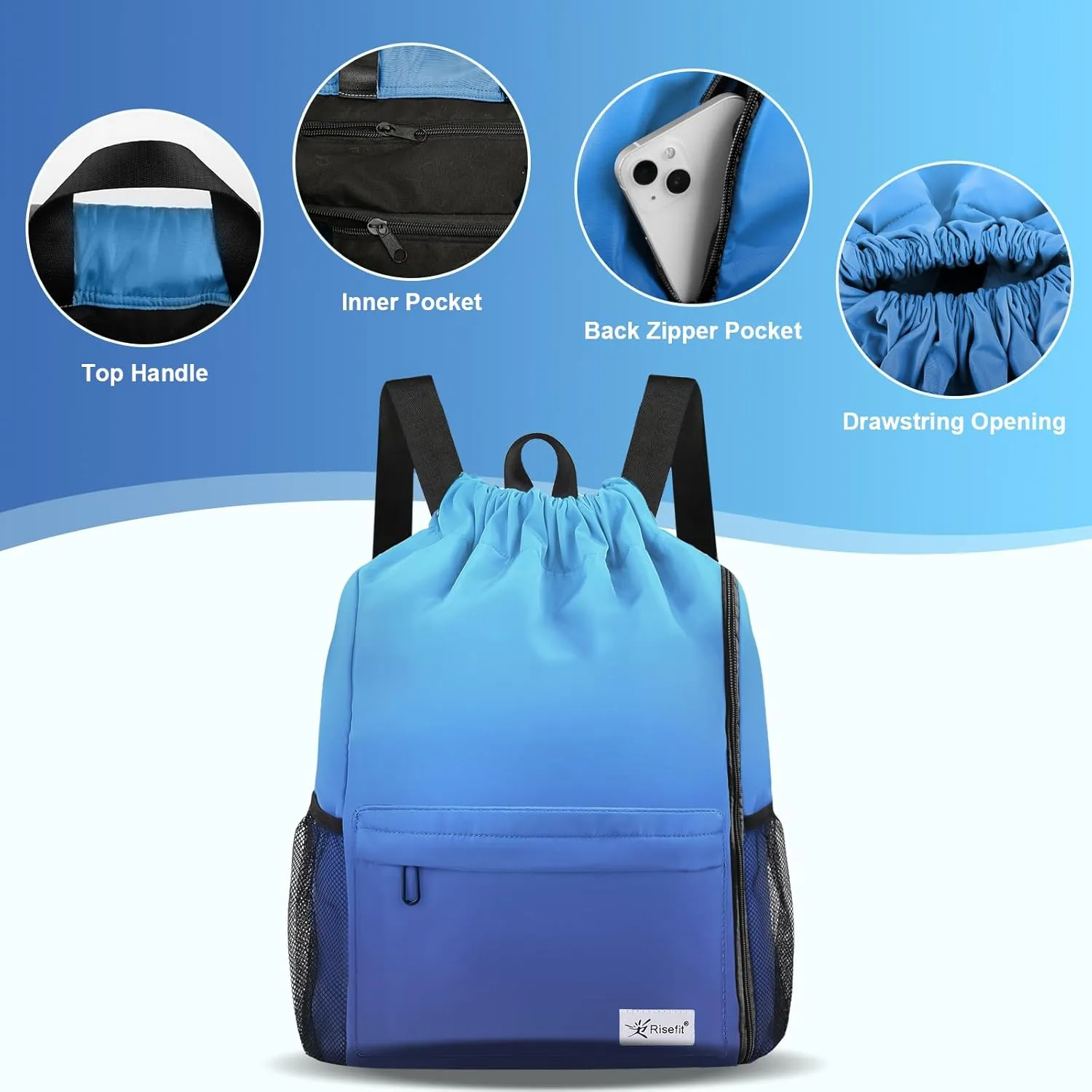 Drawstring Backpack with Mesh Pockets String Gym Bag Sackpack Sandproof Water Resistant Beach Backpack for Men Women