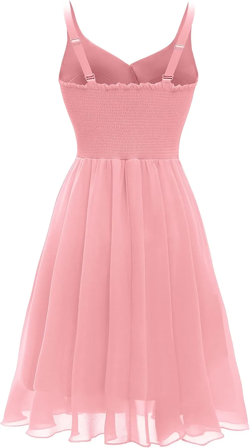 Dressever Summer Cocktail Dress V-Neck Adjustable Spaghetti Strap Chiffon Sundress