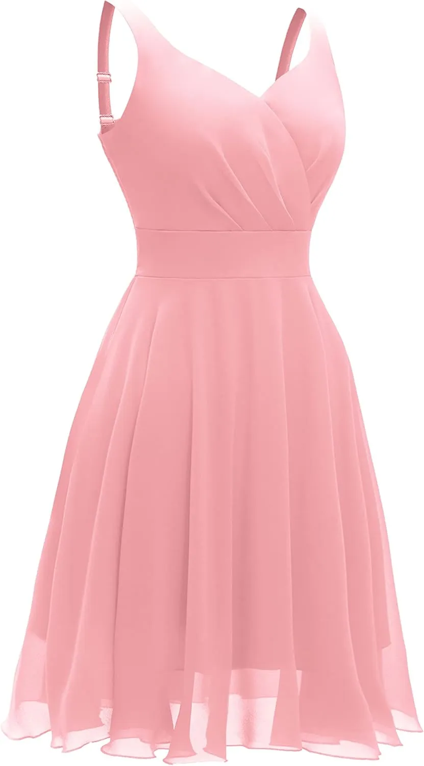 Dressever Summer Cocktail Dress V-Neck Adjustable Spaghetti Strap Chiffon Sundress
