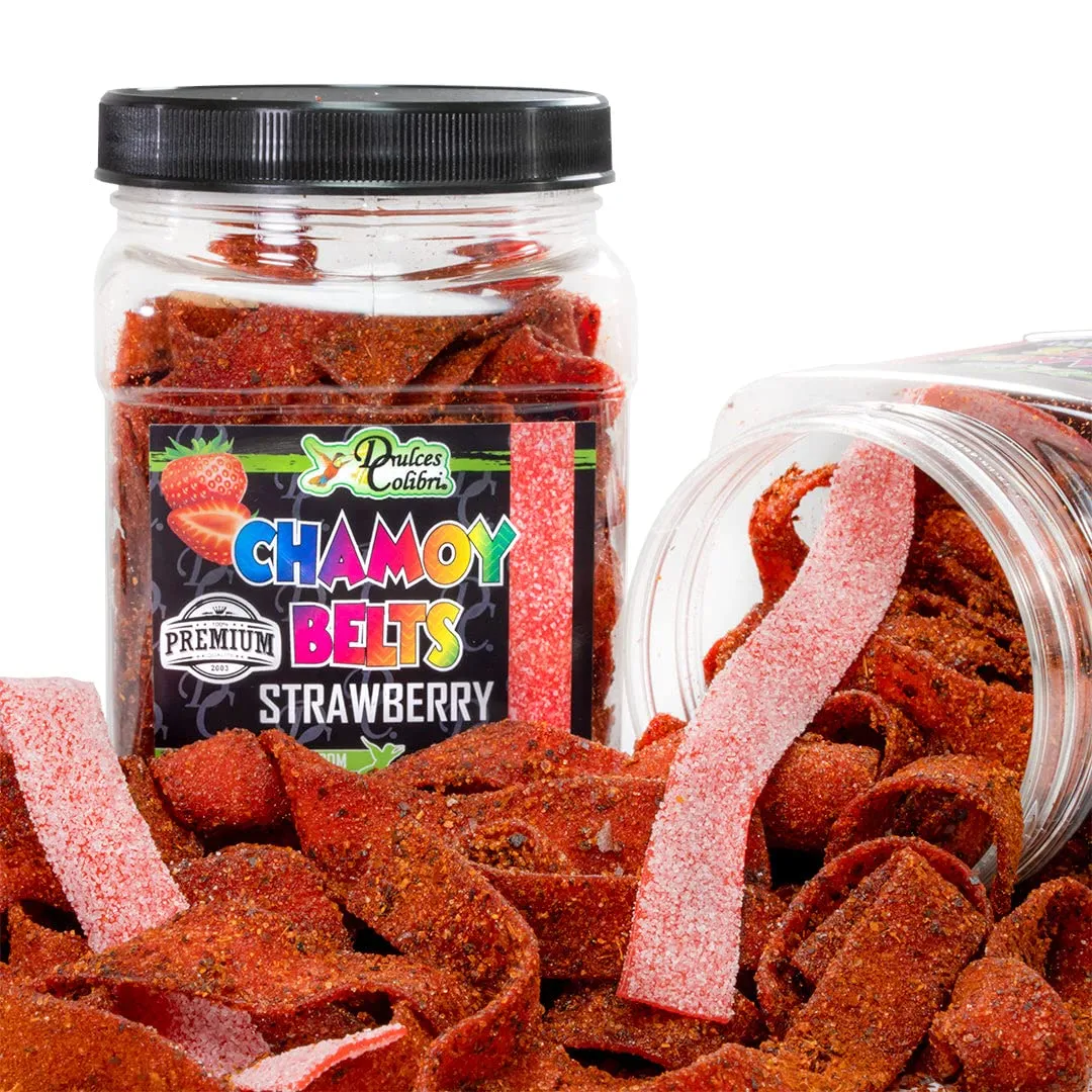 Dulces Colibri - Premium Strawberry Chamoy Belts | Dry Chamoy Coated Gummies | Mess Free | Handmade to Order | Long Lasting Flavor | 10oz Jar | Mix & Match Eligible