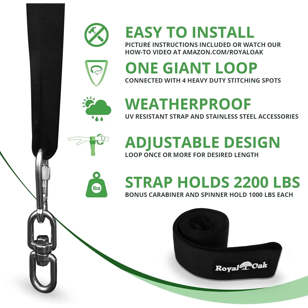 EASY HANG (1.2m) TREE SWING STRAP KIT - Holds 2000kg. - 2 Heavy Duty Carabiners - Bonus Spinner - Perfect for Hammocks and Swings - 100% Waterproof - Easy Picture Instructions - Carry Bag Included ...