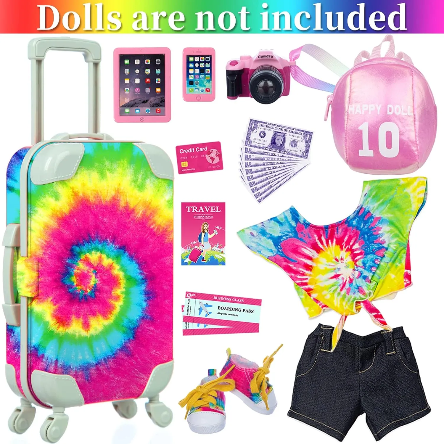 Ecore Fun 23 Pcs 18 inch Girl Doll Accessories Suitcase Travel Luggage Play Set,18" Doll Travel Carrier Storage, Including Suitcase, Clothes, Shoes, Backpack, Camera, Computer, Cell Phone（No Doll）