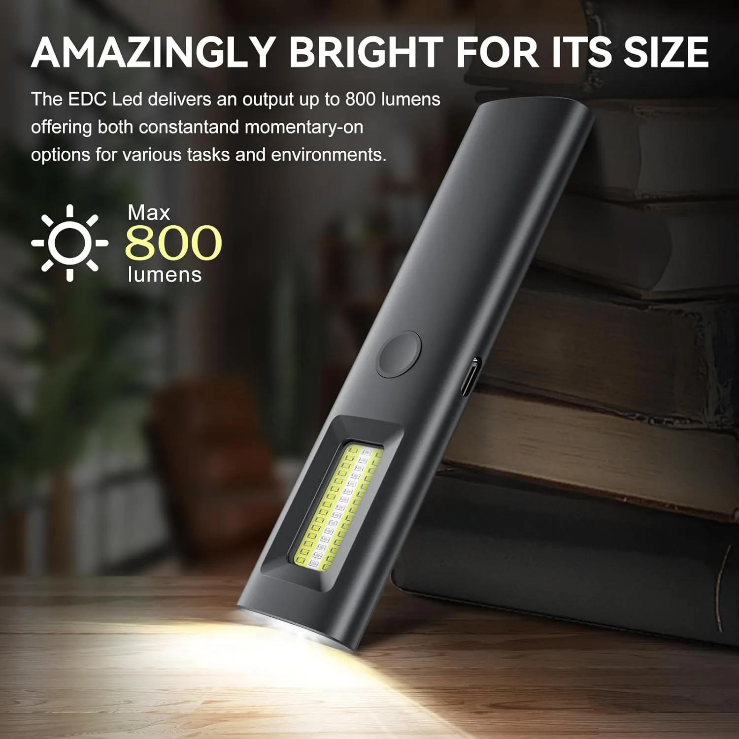 EDC Pocket LED Flashlight, Rechargeable 800 Lumens Compact Bright Handheld Flash Lights, IPX4, Dual Material, for Travel Camping and Hiking (Black)