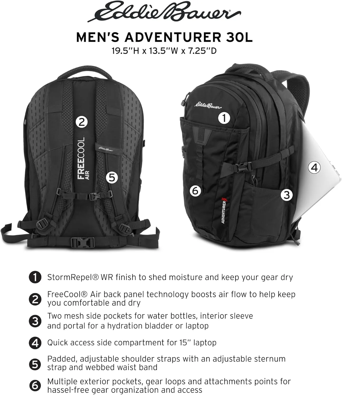 Eddie Bauer Backpack with Organization Compartments and Hydration/Laptop Compatible Sleeve, Adventurer-Black, 30L