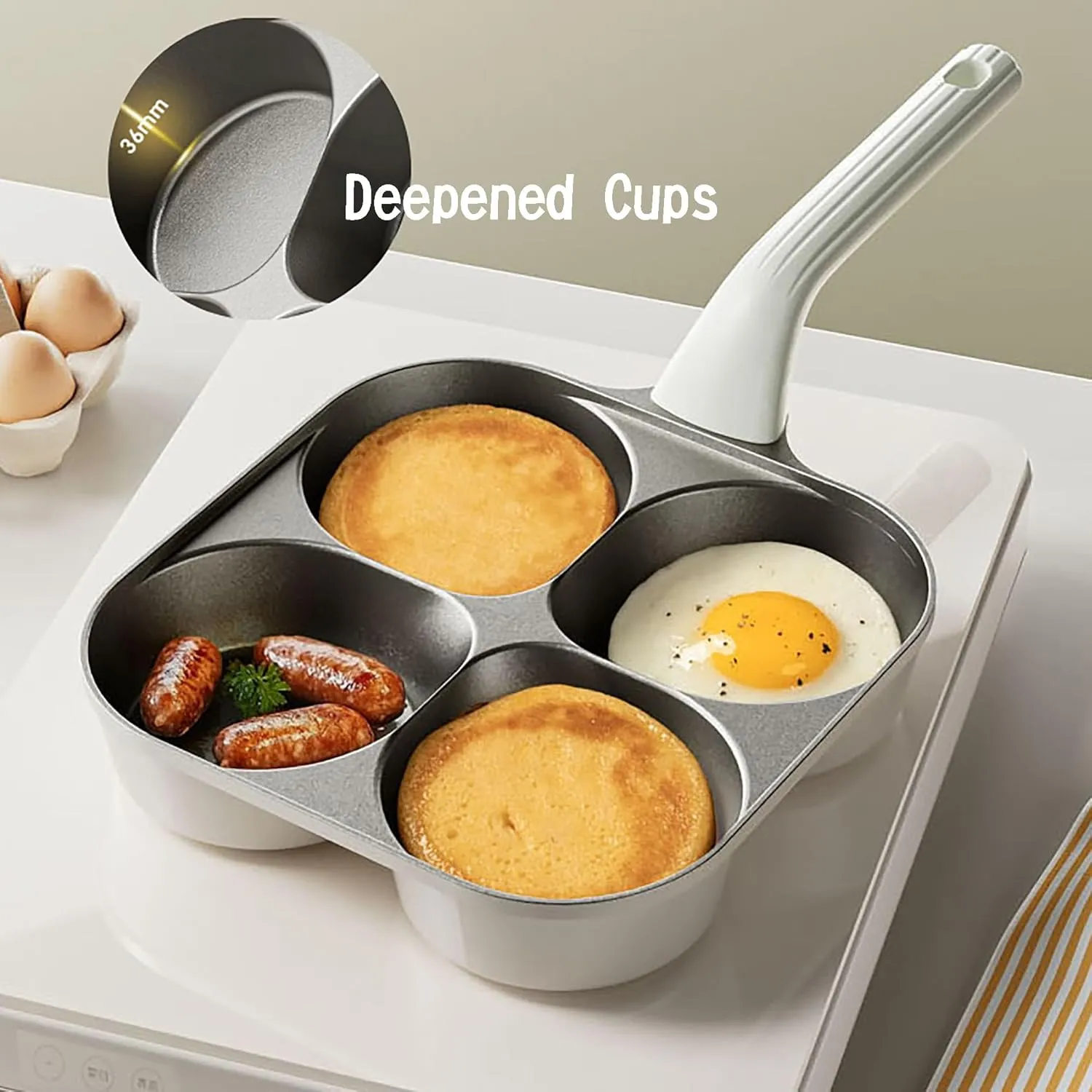 Egg Pan Upgraded Titanium 4-Cup Nonstick Fried Egg Omelette Pan with Ergonomic Handle Breakfast Skillet Pancake Gas Stove and Induction Compatible Ideal for Mom (1, White)