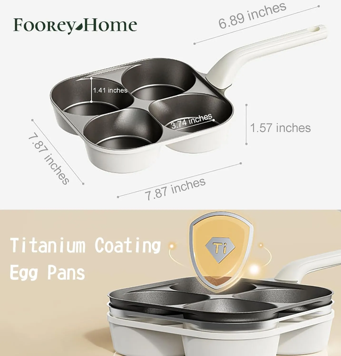 Egg Pan Upgraded Titanium 4-Cup Nonstick Fried Egg Omelette Pan with Ergonomic Handle Breakfast Skillet Pancake Gas Stove and Induction Compatible Ideal for Mom (1, White)