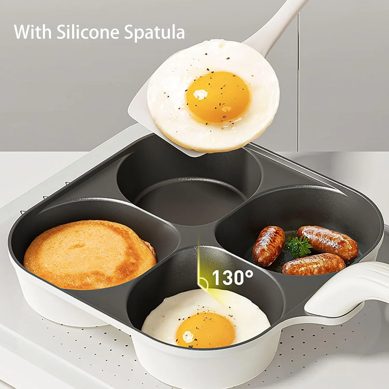 Egg Pan Upgraded Titanium 4-Cup Nonstick Fried Egg Omelette Pan with Ergonomic Handle Breakfast Skillet Pancake Gas Stove and Induction Compatible Ideal for Mom (1, White)