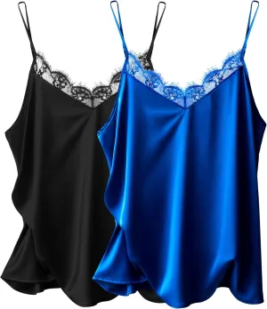 Ekouaer Women's 2 PCS Cami Top Satin Tank Top Adjustable Spaghetti Strap Camisole