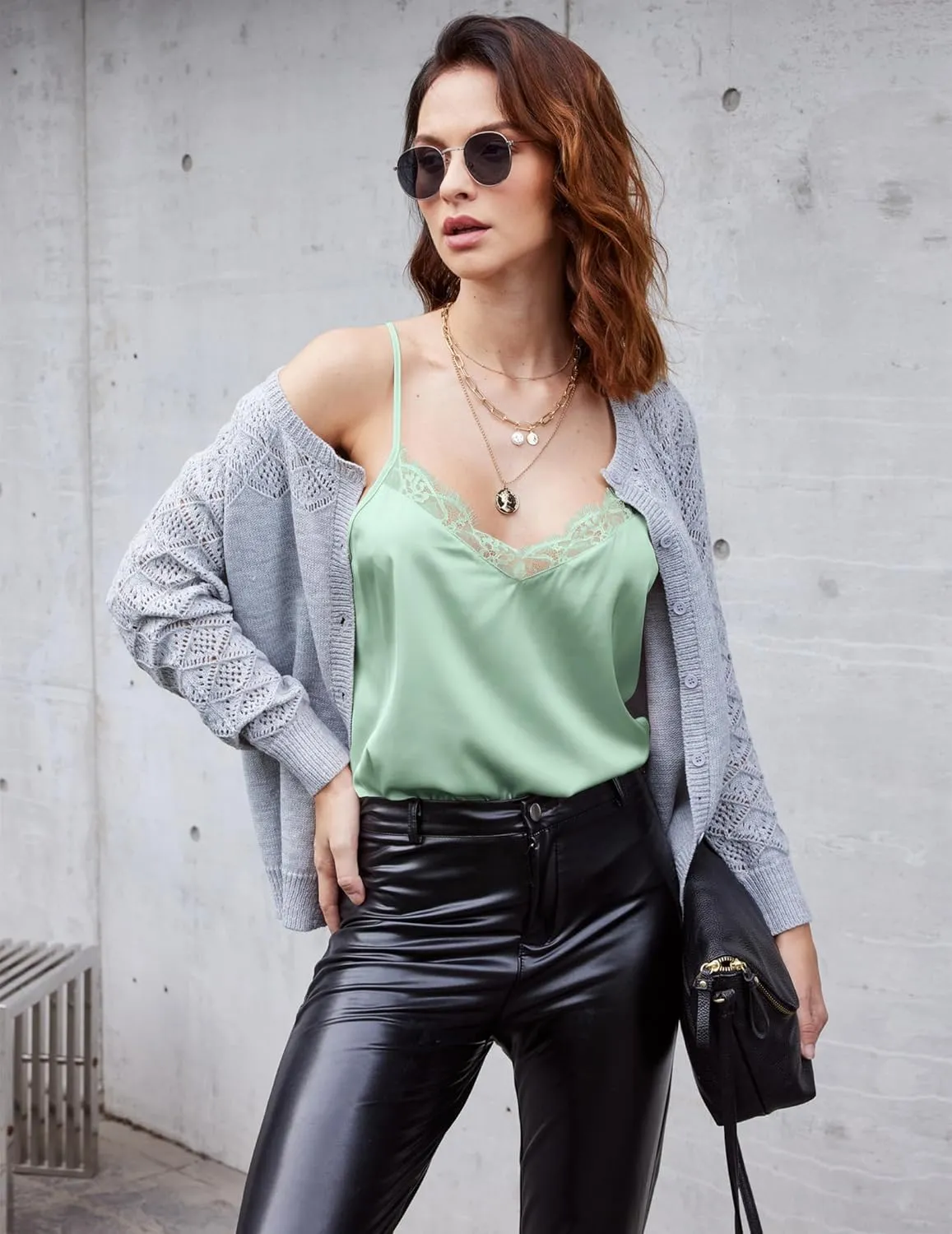 Ekouaer Women's 2 PCS Cami Top Satin Tank Top Adjustable Spaghetti Strap Camisole