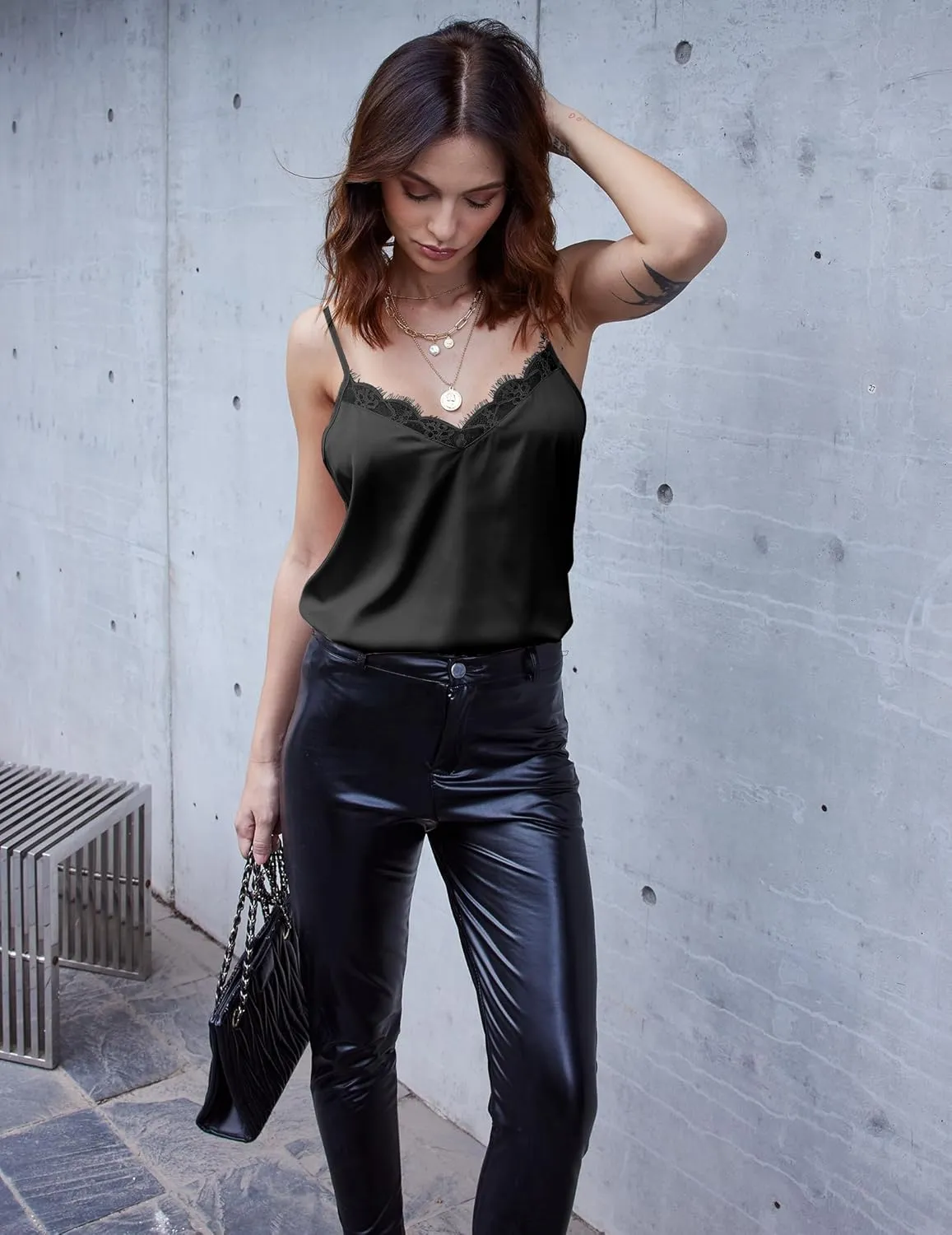 Ekouaer Women's 2 PCS Cami Top Satin Tank Top Adjustable Spaghetti Strap Camisole