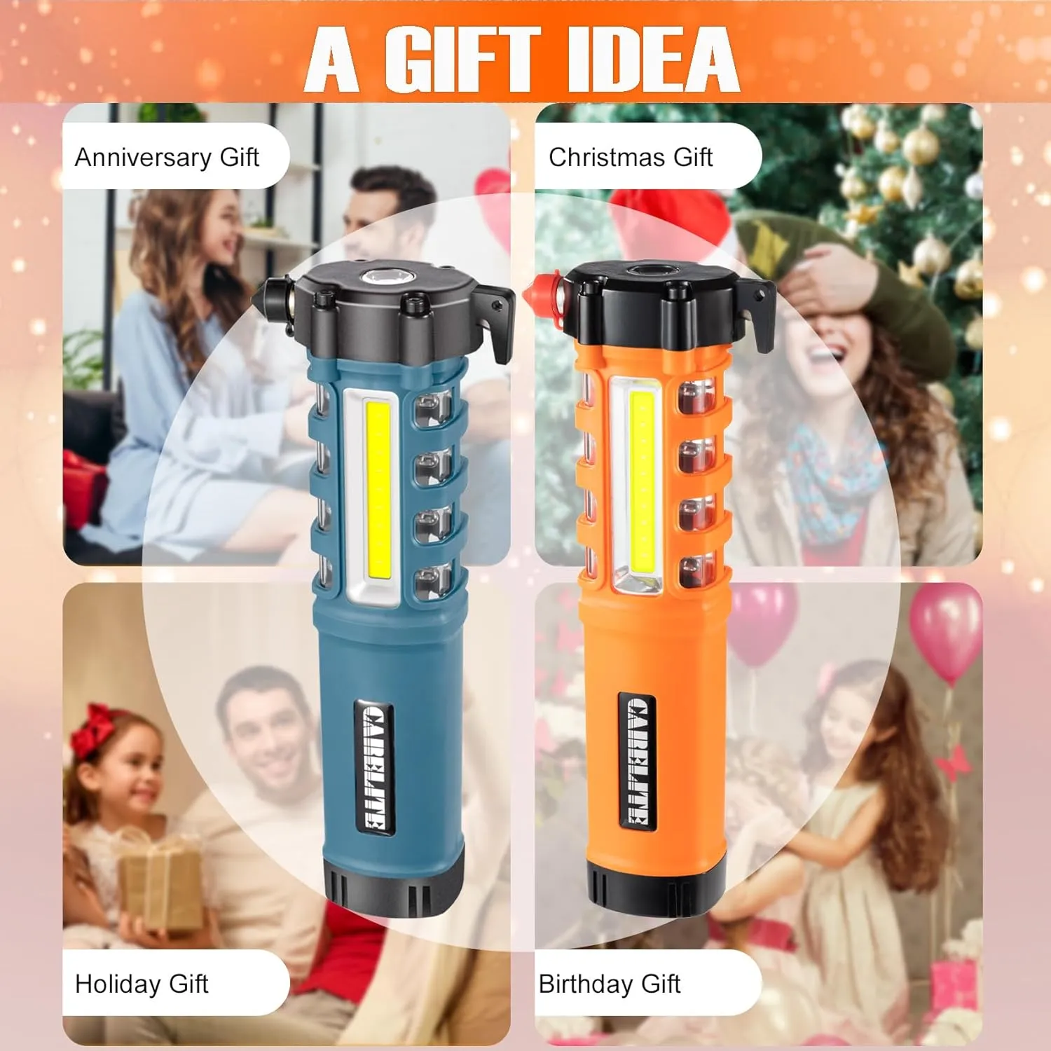 Emergency Car Flashlight with Seatbelt Cutter and Window Breaker, LED Work Light & Flash Beacon, Life-Saving Car Escape Tool for Roadside Safety (Orange)