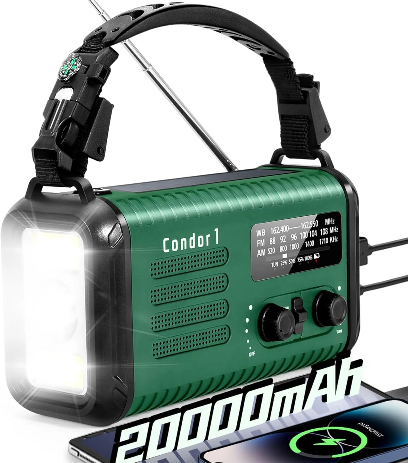 Emergency Crank Radio, 20000mAh / 74000mWh Solar Hand Crank Weather Radio with NOAA/AM/FM, Battery Powered Radio with Cell Phone Charger, Reading Lamp, Flashlight & SOS for Emergencies/Home