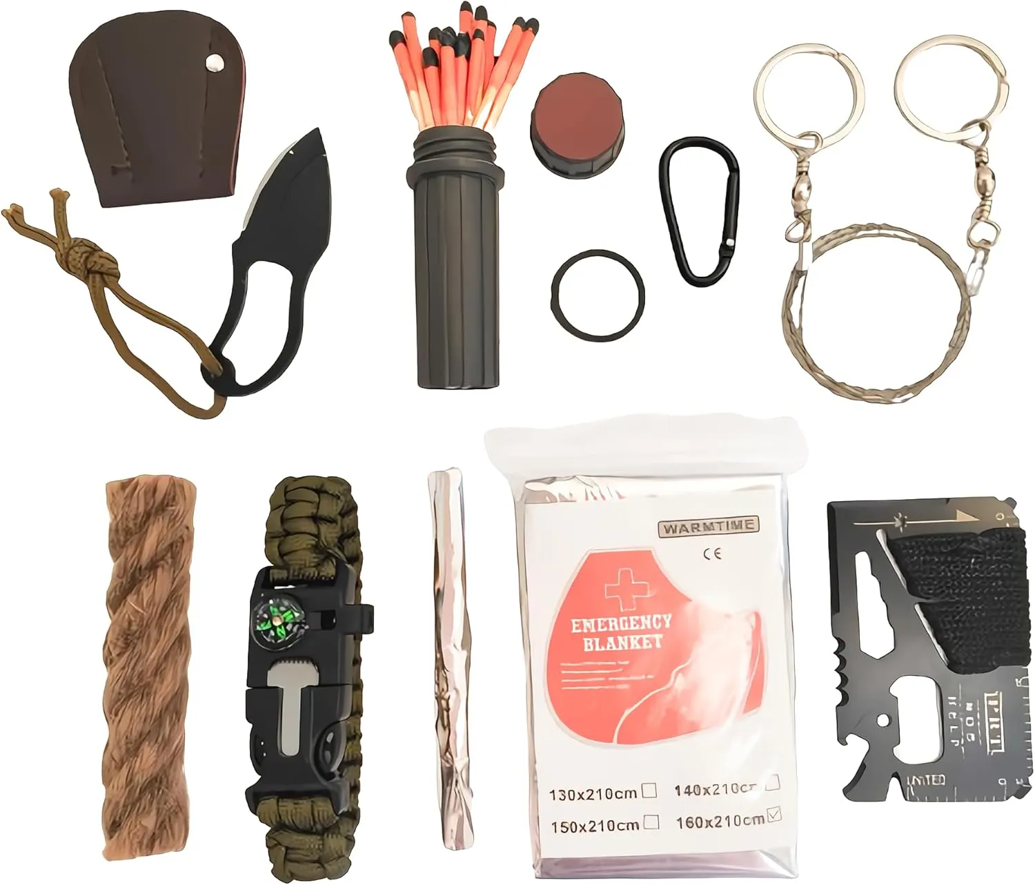 Emergency Fire Starter Stormproof Matches Wax Infused Natural Jute Cord Saw Wire Multi Purpose Tool Blanket Paracord Bracelet Ferro Rod Whistle Compass D Ring Carabeaner for Camping Hiking Bushcraft