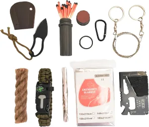 Emergency Fire Starter Stormproof Matches Wax Infused Natural Jute Cord Saw Wire Multi Purpose Tool Blanket Paracord Bracelet Ferro Rod Whistle Compass D Ring Carabeaner for Camping Hiking Bushcraft