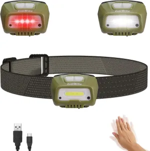 EverBrite Rechargeable Headlamp, LED Bright Motion Sensor Head Lamp Flashlight with 6 Modes, Adjustable Headlight for Adults Kids with White Red Light, Waterproof, Green, for Hiking, Running, Camping