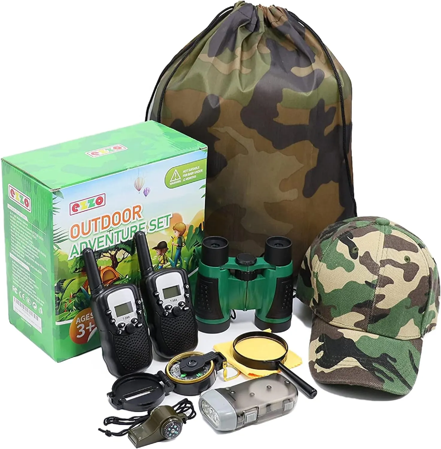 Ezzo Outdoor Adventure Kit for Kids – Walkie-Talkies & Pretend Play Gear – Camouflage Camping, Safari, Hunting Set – Backyard Explorer Toys for Boys & Girls