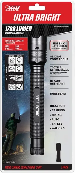 Feit Electric LED Tactical Flashlight - Aluminum Alloy - Zoomable Strike Bezel; Illuminate up to 1,000 feet - Adjustable Brightness 600 to 1700 Lumen | Requires 4-C Batteries