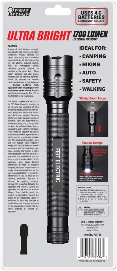 Feit Electric LED Tactical Flashlight - Aluminum Alloy - Zoomable Strike Bezel; Illuminate up to 1,000 feet - Adjustable Brightness 600 to 1700 Lumen | Requires 4-C Batteries