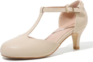 fereshte Women's T Strap Pumps Kitten Heels Retro Ankle Strap Buckle Dress Mary Jane Shoes