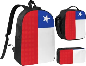 Flag of Chile print Backpack Set Casual Shoulder Bag Lunch Bag Pen Pouch 3 in 1 Set 17inch for Women Men College