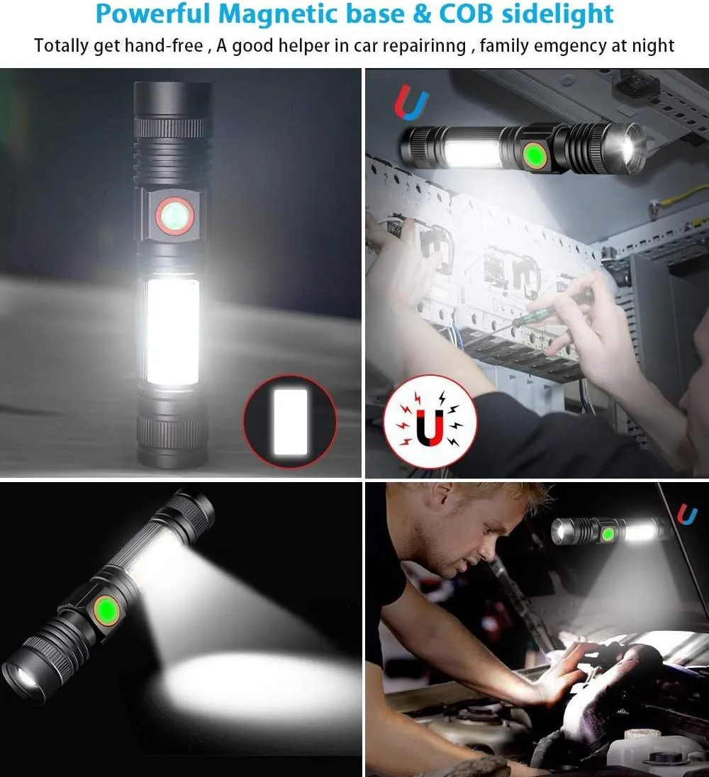 Flashlight USB Rechargeable, Magnetic LED Flashlight, Super Bright LED Tactical Flashlight with Cob Sidelight, 2000LM, Waterproof, Zoomable Best Small LED Flashlight for Camping, Emergency Flashlights