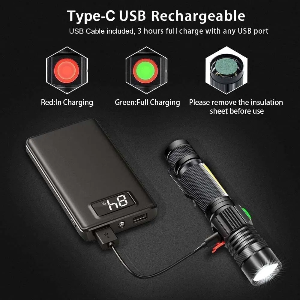 Flashlight USB Rechargeable, Magnetic LED Flashlight, Super Bright LED Tactical Flashlight with Cob Sidelight, 2000LM, Waterproof, Zoomable Best Small LED Flashlight for Camping, Emergency Flashlights