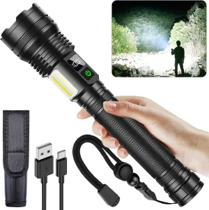 flashlights high lumens rechargeable, 4500 Lumens Super Bright Flashlight, with COB Work Light & 10 Modes, Waterproof Handheld Flashlight, for outdoor Camping hunting, hurricane Emergencies Hiking