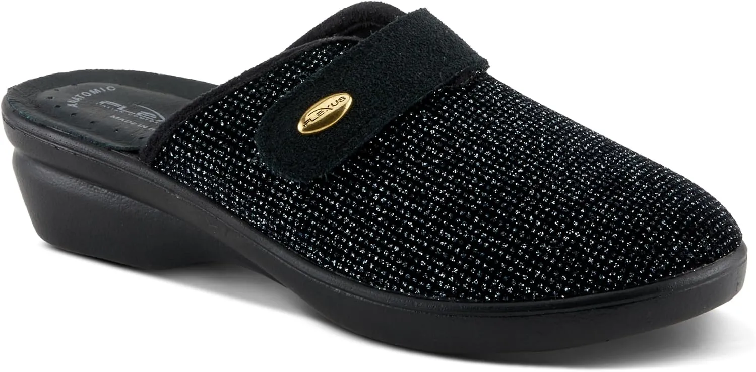 Flexus Women's MERULA-Sparkle Clog with Sparkling Upper, Adjustable Strap, and Comfortable Fit Black