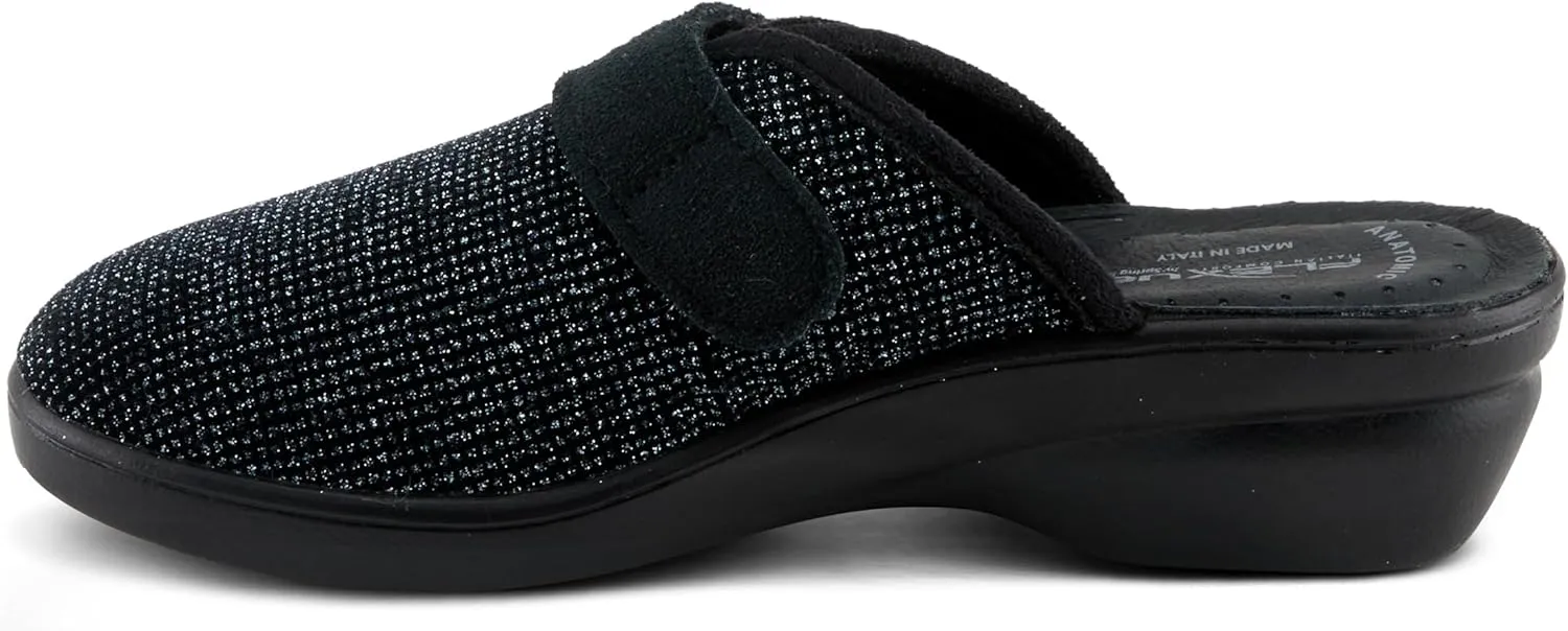 Flexus Women's MERULA-Sparkle Clog with Sparkling Upper, Adjustable Strap, and Comfortable Fit Black