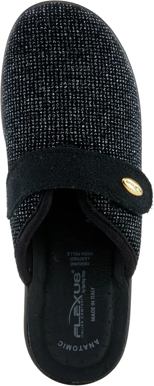 Flexus Women's MERULA-Sparkle Clog with Sparkling Upper, Adjustable Strap, and Comfortable Fit Black