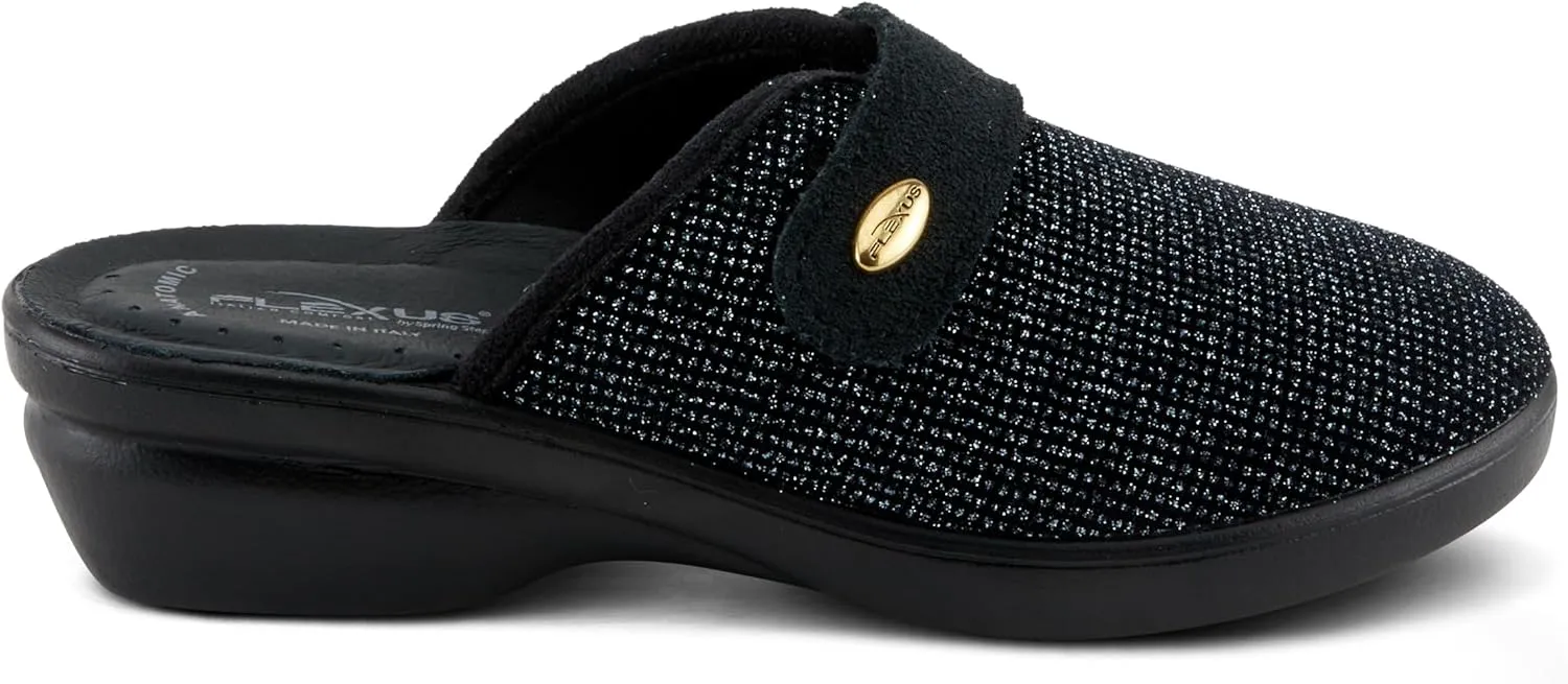 Flexus Women's MERULA-Sparkle Clog with Sparkling Upper, Adjustable Strap, and Comfortable Fit Black