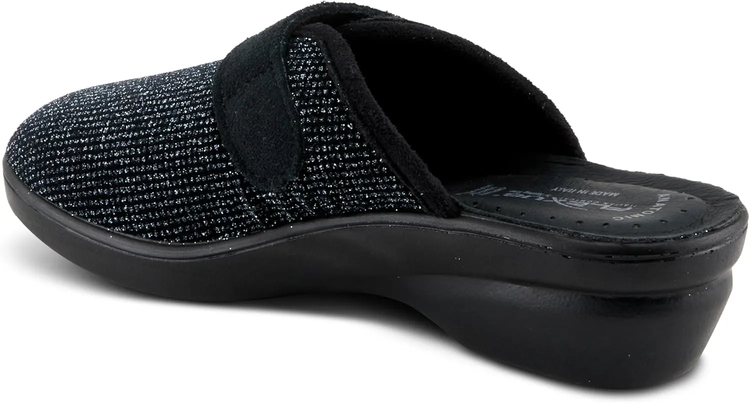 Flexus Women's MERULA-Sparkle Clog with Sparkling Upper, Adjustable Strap, and Comfortable Fit Black